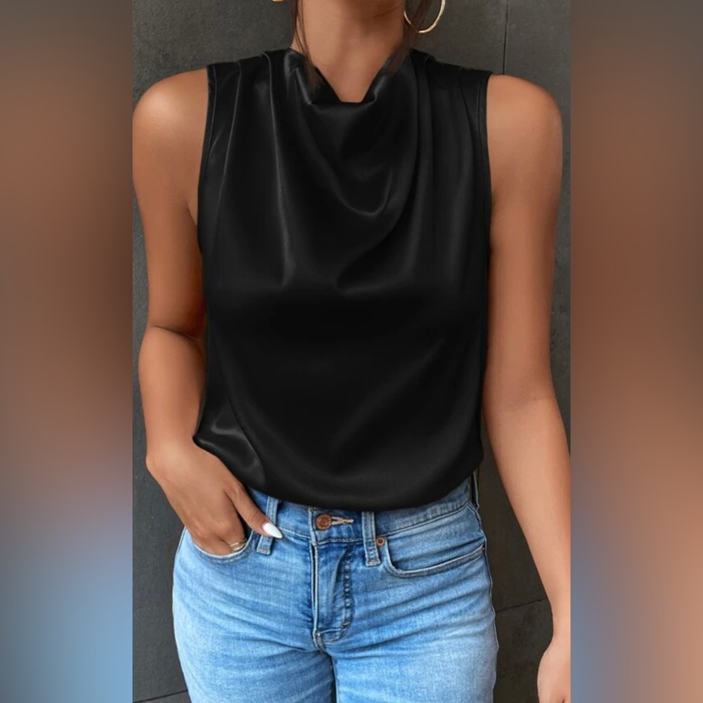 Draped Black Satin Blouse